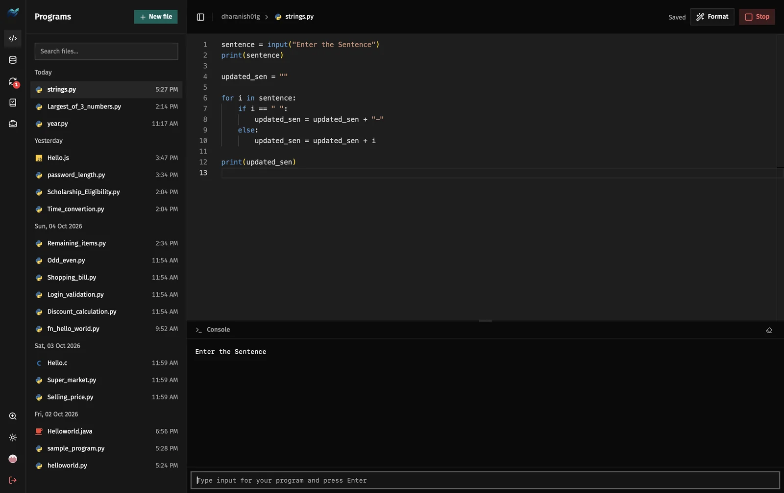 PrepCode with a Python program open. The sidebar lists programs grouped by day, and the console shows the program's output below the editor.