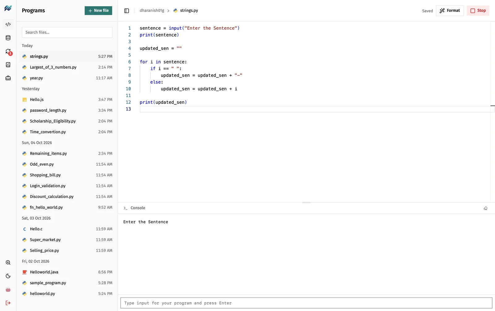 PrepCode with a Python program open. The sidebar lists programs grouped by day, and the console shows the program's output below the editor.